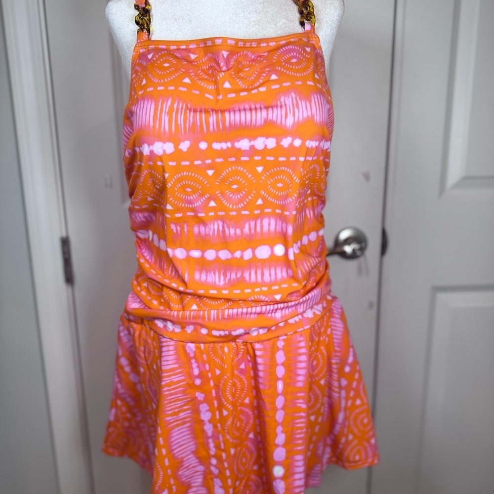 Swim Dress bathing suit 16 Orange Pink Skirted One Piece Beach Susan Graver